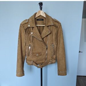 ZARA Tan Camel Faux Suede Fringe Western Style Studded Jacket